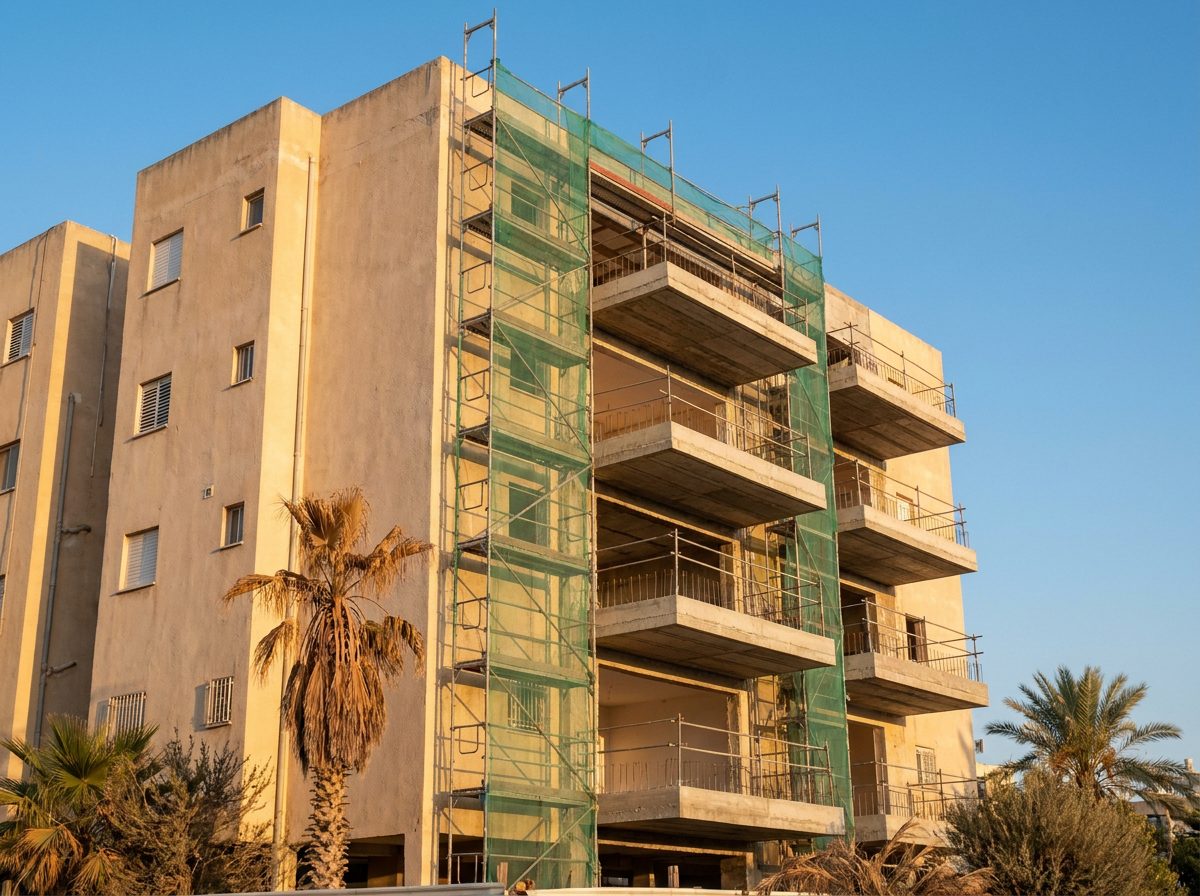 תוספת מרפסות שמש לבניין מגורים קיים עם פיגומים